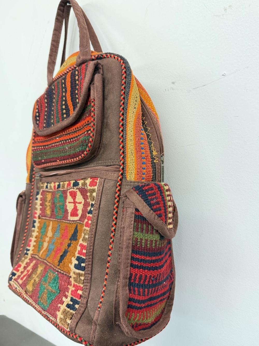 Vintage Kilim Multicolor Woven Suede Leather Backpack Boho - Picture 2 of 6